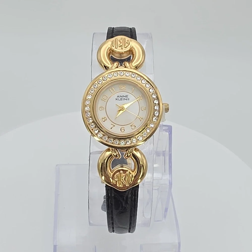 Vtg ANNE KLEIN II Ladie's Watch Women's Crystal Studded Gold Plate Leather 7.25